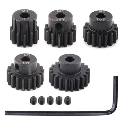 5pcs Mod 1 Pinion Gear 5mm Set Hardened Steel 12T 14T 16T 18T 20T Fit 5mm RC Motor Shaft M1 Pitch Gears Compatible with Arrma Traxxas Axial HSP Redcat Losi RC Car Truck Buggy (with Screwdriver) - size: 12 14 16 18 20T