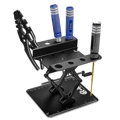 RC Car Work Stand w/Screw Tray for 1/8 1/10 1/12 Scale RC Cars, All Black | Lift Lower Adjustable Aluminum RC Car Stand with Screw Tray RC Tool Set for RC Crawler Truck Traxxas Slash TRX4 Axial SCX10 - color: All Black