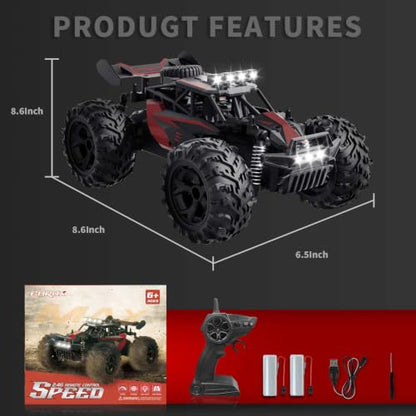 Carox Remote Control Car, 2.4GHz 25KM/H High Speed RC Car, 1:18 Off-Road Monster Truck with LED Lights– Ideal Gift for Boys 6+ - color: Red