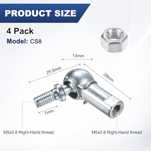 M METERXITY 4-Pack CS10 Ball Head Rod End Bearing, M5x0.8 Right Male Thread and Right Female Thread Self-lubricating Carbon Steel Angle Ball Joint Socket End Fitting for Automotive - size: M5x0.8, style: Right Thread
