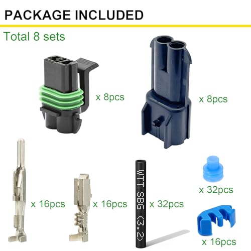 14-12 AWG 2 Pin Connector Waterproof Weather Pack Wire Connectors Kit(8set) | Twippo 2 Wire WeatherPack Male and Female Automotive Electrical Connector Plug Terminals 14-12 Gauge with 32pcs Shrink Tubing - size: 14-12AWG 8Set