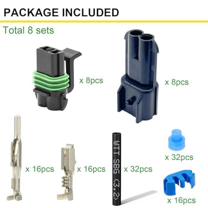 14-12 AWG 2 Pin Connector Waterproof Weather Pack Wire Connectors Kit(8set) | Twippo 2 Wire WeatherPack Male and Female Automotive Electrical Connector Plug Terminals 14-12 Gauge with 32pcs Shrink Tubing - size: 14-12AWG 8Set
