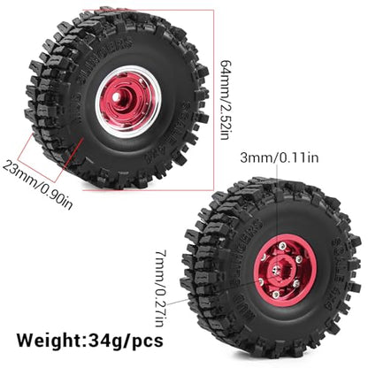 1.0" Beadlock Wheels and Tires for SCX24 TRX4M RC Crawle (Red) | 7mm Hex, Offset 0 mm, Soft Rubber Tires, 1/18 1/24 RC Crawler Upgrade Parts - color: Red 102