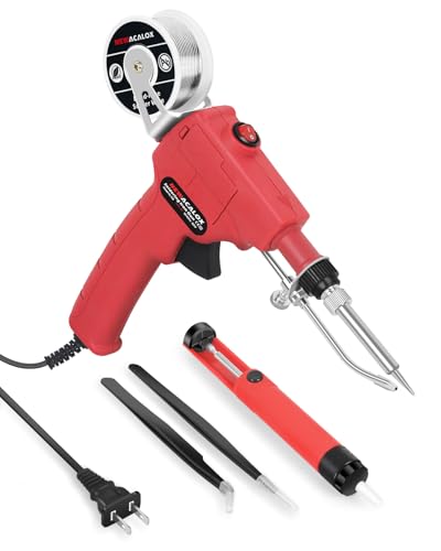 Soldering Iron Kit 6 in 1, 60W 110V Professional Automatic Soldering Gun, Handheld Solder Gun Kit with Desoldering Pump, Tweezers, for Electrician Circuit Board Repair - color: Red