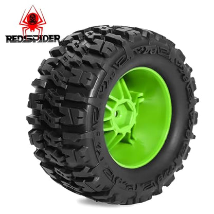 REDSPIDER 1/14 RC Monster Truck Wheel Rim Tires (4pcs) Hex 12mm OD 3.54'' for 1/12 1/14 1/16 RC Off Road Monster Truck TRX E-REVO Summit HPI SAVAGEGT-2XS REDCAT Volcano-16 (Green) - color: Green