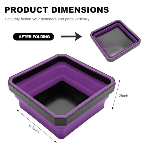 Collapsible Magnetic Parts Tray, 4.5" Square Metal Parts Organizer with Dual-Sided Magnetic Base, Foldable Tools Tray Silicone Storage Bowl for Screws Bolts Nuts Washers Pins (Purple) - color: Purple