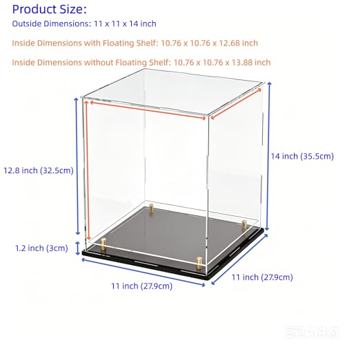 Acrylic Display Case with Raised Shelf, Clear Display Box with Black Base & Gold Standoffs, Dustproof Showcase for Collectibles, Figures, Model Cars – Easy Assembly (11×11×14 Inch) - size: 11"L x 11"W x 14"H