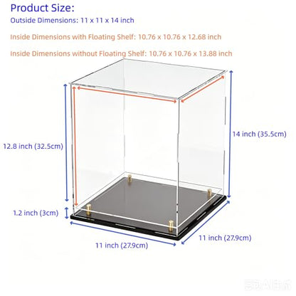 Acrylic Display Case with Raised Shelf, Clear Display Box with Black Base & Gold Standoffs, Dustproof Showcase for Collectibles, Figures, Model Cars – Easy Assembly (11×11×14 Inch) - size: 11"L x 11"W x 14"H