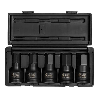 SUNEX TOOLS 4506, 3/4 Inch Drive Impact Hex Driver Set, 5-Pieces, SAE, 3/4" - 1-1/4", Cr-Mo Steel, Solid One Piece Construction, Dual Size Markings, Heavy Duty Storage Case