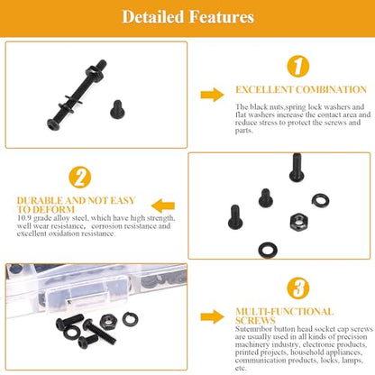 565 Pieces M2 Screws Nuts Washers Set Black, Sutemribor M2 x 4/6/8/10/12/16/20mm Button Head Socket Cap Screws Nuts Washers Assortment Kit, 10.9 Grade Alloy Steel, Fully Threaded - size: M2, style: Button Head Socket Cap