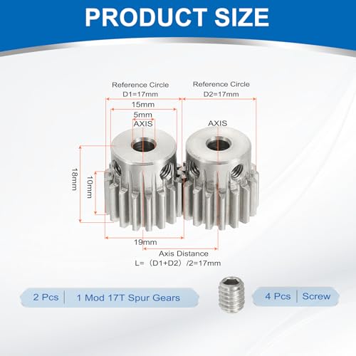 uxcell 2Pcs 1 Mod 17T Spur Gear 5mm Bore, 304 Stainless Steel Pinion Gear, 20°Pressure Angle, for Spur Rack and RC Model Car or Motor DIY(15mm) - size: 1 Mod 17T, 5mm x 15mm