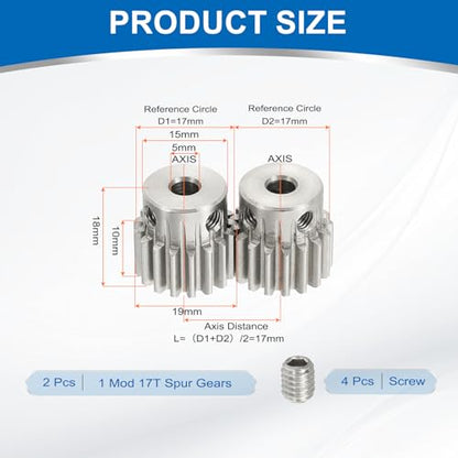 uxcell 2Pcs 1 Mod 17T Spur Gear 5mm Bore, 304 Stainless Steel Pinion Gear, 20°Pressure Angle, for Spur Rack and RC Model Car or Motor DIY(15mm) - size: 1 Mod 17T, 5mm x 15mm