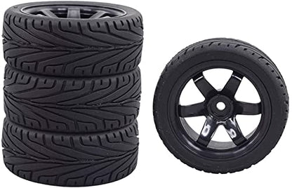 4PCS RC Car Rubber Tires and Plastic Wheels Rims Compatible with 1/10 Scale On Road Touring Racing Flat Drift Car for HSP HPI Tamiya(Black) - color: Black