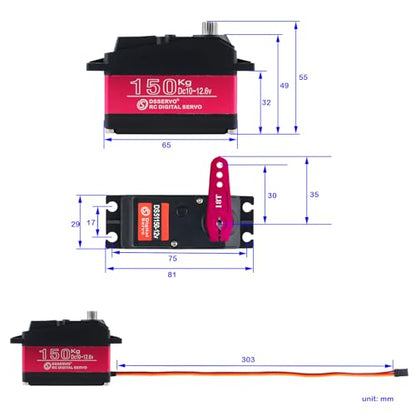 150KG DS51150 Digital Servo Full Metal Gear RC Servo 180 Degree Waterproof IP67 12V with 18T Servo Arm for Baja Car 1/5 RC Car - size: 180 Degree