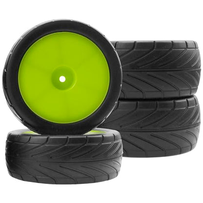 4Pack ShareGoo RC 85mm/3.34" Rubber Tires Front Rear Tyres 12mm Hex Wheel Compatible with Redcat HPI HSP Kyosho 1/10 RC Off-Road Car Buggy (Green) - color: Green