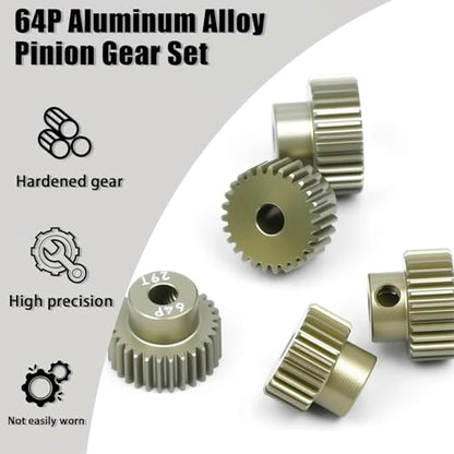 5Pcs 64P Aluminum Alloy Pinion Gear Set 3.175mm 26T 27T 28T 29T 30T Motor Pinion Gear W/ M4 Screw and Hex Key, Fit 3.175mm (1/8-Inch) Shaft, for Arrma HPI Kyosho Losi Axial Traxxas Tamiya 1/10 RC Car - size: 64P-3.175mm-26-30T