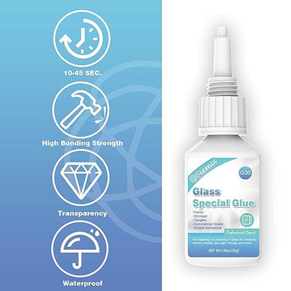 Glass Glue, 30g, Instant Strong Bond for Glass, Acrylic, Waterproof, Dries Clear, Quick Curing, Ideal for Craft, Jewelry, Rhinestone, Crystal, Mirror, Glasses | Acrylic Super Glue for Bonding Glass| Clear Adhesive Glue Repair for Craft, Jewelry, Rhineston