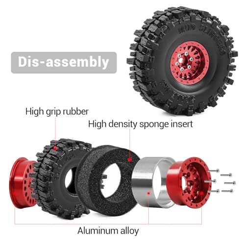 1.0" Aluminium Beadlock Wheels and Tires 64x23mm for 1/24 Axial SCX24, 1/18 TRX4M RC Crawler – Upgrade Parts (Red, 4pcs) - color: Red