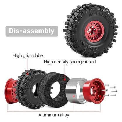 1.0" Aluminium Beadlock Wheels and Tires 64x23mm for 1/24 Axial SCX24, 1/18 TRX4M RC Crawler – Upgrade Parts (Red, 4pcs) - color: Red