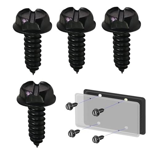4PCS License Plate Screws, Stainless Steel License Plate Bolts Kit, Rustproof Self Tapping Mounting License Plates Security Fasteners, Universal for Car Truck SUV (Black) - color: Black