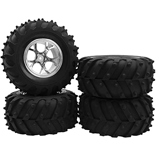 4.72''OD Rubber Tires & Wheel Rim 12mm Hex Hub Compatible with RedCat Volcano Traxxas Rustler HPI HSP Tamiya Exceed Himoto 1/10 Off-Road Monster Truck,120mmx56mm (Silver) - color: Silver