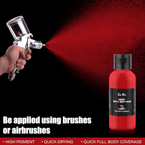 Go Ho Liquid Red Face Body Paint(2.1 oz),Red Makeup Water Based Face Paint and Body Paint for Airbrush Makeup Special FX, Cosplay, and Halloween Make up - color: Red