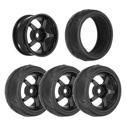 uxcell 4-Pair High-Grip RC Car Tire & Wheel Set for 1/10 Scale On-Road Touring Cars - Soft Rubber Tyres with 12mm Hubs, Black, Type K