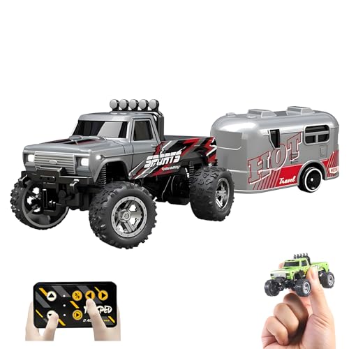 1:64 Mini RC Monster Truck with LED Lights | 2.4GHz Off-Road Remote Control Car | 3 Speed Adjustable, USB Rechargeable Alloy RC Truck for Kids & Adults Indoor/Outdoor Racing (Grey) - color: Grey