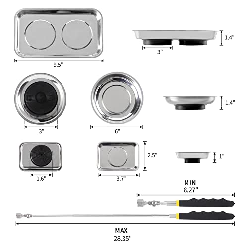 3 Pieces Magnetic Trays with 8LBs Telescoping Magnetic Pick-up Tool Set, 9.5" and 3.7" Rectangle, 6" Round Bowl Stainless Steel Magnet Parts Tray for Screws, Mechanic's - size: 9.5" 3.7" 6"+8LB Pickup