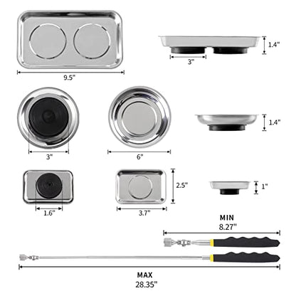 3 Pieces Magnetic Trays with 8LBs Telescoping Magnetic Pick-up Tool Set, 9.5" and 3.7" Rectangle, 6" Round Bowl Stainless Steel Magnet Parts Tray for Screws, Mechanic's - size: 9.5" 3.7" 6"+8LB Pickup