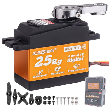HobbyPark Waterproof 25kg Servo All Metal Gears Digital Steering Servo for 1/10 1/12 RC Car Crawler Truck Buggy Airplane Boat Robotics Project Arduino, Control Angle 180° HV Programmable