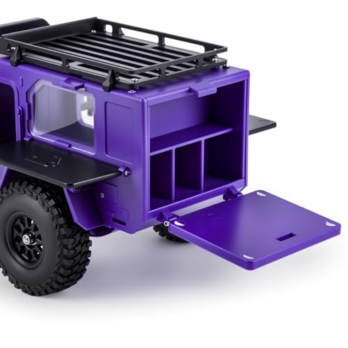 RC Off-Road Camping Trailer for 1/18 1/24 TRX4M SCX24 RC Crawler | Durable ABS mini camping trailer pre-drilled LED mounting holes, highly realistic scale design - color: Black Purple