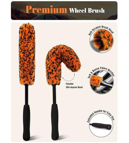 YeewayVeh 7PCS Motorcycle Cleaning Kit, 2-Size Bendable Wheel Brush, Orange | Tire & Chain Brush, Boars Hair Detailing, Wash Mitt, Microfiber Towel for Dirt Bike & Car Wheels