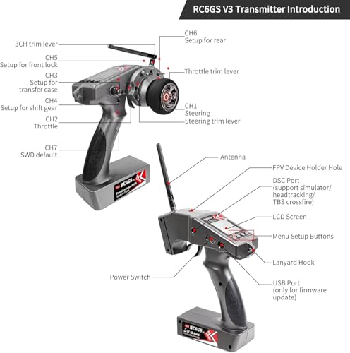 Radiolink 2.4GHz RC6GS V3 7 Channels RC Transmitter and R7FG Gyro Receiver | 600m rc controller and receiver kit, Voltage Telemetry, 30 Models Storage for Remote Control Car/Boat/Truck/Buggy/Crawler
