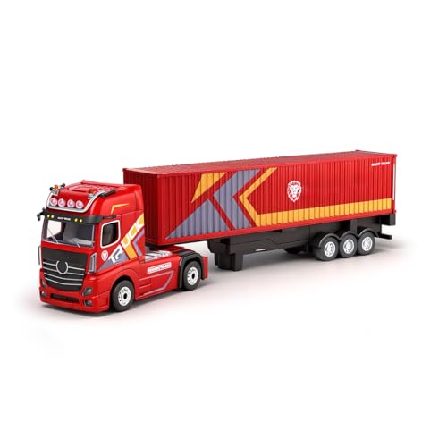 1/64 RC Container Truck Model, 2.4G 4WD Semi-Tractor Trailer with Independent Lifting Support Legs, Proportional Steering, 3-Speed Cruise Control & LED Sound System, Adult Desktop Hobbyist RTR (Red)