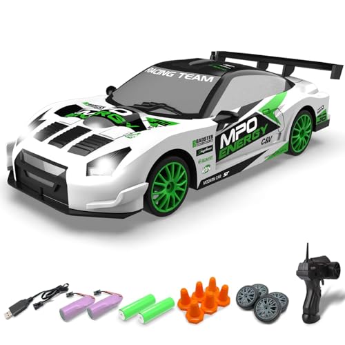 Drift RC Car, 1:24 Scale 2.4Ghz Remote Control Car Toys for Kids | drifting & racing tires, 2 batteries, LED lights, 4 wheels drive, steering trimmer - color: White, size: 1:24 Scale