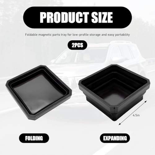 2PCS Collapsible Magnetic Parts Tray, 4.5" Square Silicone Tool Tray with Double-Sided Magnetic Base, Foldable Bowls Small Metal Parts Holder for Screws Bolts Nuts Washers (Black) - color: Black, size: 2PCS
