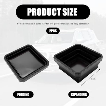 2PCS Collapsible Magnetic Parts Tray, 4.5" Square Silicone Tool Tray with Double-Sided Magnetic Base, Foldable Bowls Small Metal Parts Holder for Screws Bolts Nuts Washers (Black) - color: Black, size: 2PCS
