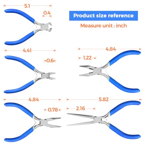 LIFEGOO 5 Pieces Mini Pliers Set – Durable Precision Tool Kit for Crafts, Jewelry & DIY, Includes Long Needle Nose, Bent Nose, Diagonal, End Cutting, Nipper (Blue) - color: Blue