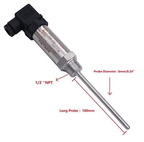 TWTADE Industrial Temperature Sensor Temperature Transmitter -50°C~+150°C, 2-Wire 4-20mA Signal Output 1/2" NPT, Male Thread, Probe Rod Length: 100MM - size: 1/2"NPT-100mm