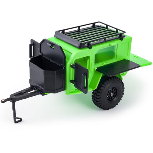AMK 1/18 1/24 RC Crawler Trailer, Scale Off-Road Camping Trailer with Roof Rack & Storage Box, Tow Trailer for SCX24 TRX4M FCX24 AX24 Bronco Defender K10 F150 RC Accessories (Green) - color: Green