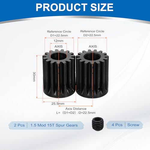 uxcell 2Pcs 1.5 Mod 15T Spur Gear 12mm Bore, 1045 Steel Pinion Gear Black Surface Treatment, 20°Pressure Angle, for Spur Rack and RC Model Car or Motor DIY - size: 1.5 Mod 15T, 12mm