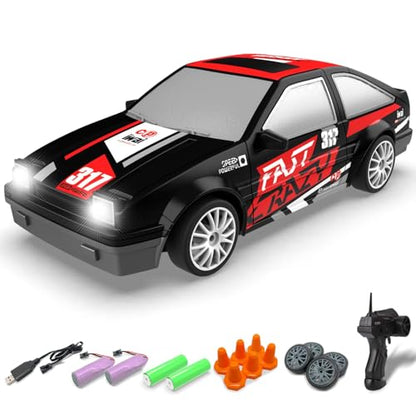 RACENT 1:24 Mini RC Drift Car, 10MPH 4WD Remote Control Car with LED Light, Racing and Drifting Wheels, 2 Rechargeable Batteries, Perfect Toy for Boys, Girls, Kids (Black) - color: Black, size: 1:24 Scale