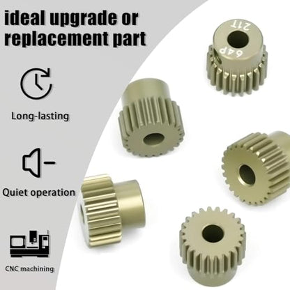 5Pcs 64P Aluminum Alloy Pinion Gear Set 3.175mm 21T 22T 23T 24T 25T Motor Pinion Gear W/ M4 Screw and Hex Key, Fit 3.175mm (1/8-Inch) Shaft, for Arrma HPI Kyosho Losi Axial Traxxas Tamiya 1/10 RC Car - size: 64P-3.175mm-21-25T