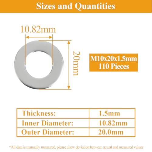 110 Pieces M10x20x1.5mm Fender Washers, 304 Stainless Steel Flat Washers, Fender Washers, Metal Washers for Screws Bolts - size: M10X20X1.5mm