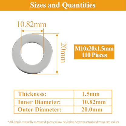 110 Pieces M10x20x1.5mm Fender Washers, 304 Stainless Steel Flat Washers, Fender Washers, Metal Washers for Screws Bolts - size: M10X20X1.5mm