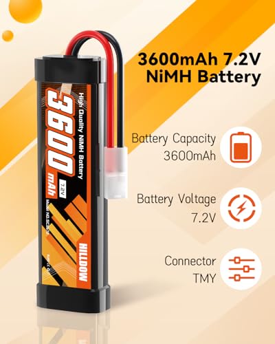 Hilldow 7.2V NiMH RC Battery 3600mAh High Power Car Battery with TMY Connector for RC Car Truck Truggy Hobby Models(2 Packs)