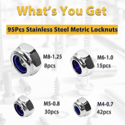 M8 M6 M5 M4 Locknuts Assortment Kit 95PCS Nylon Insert | Metric M4x0.7mm M5x0.8mm M6x1.0mm M8x1.25mm 304 Stainless Steel Self-Locking Right Hand - size: M4-M8 Assortment (95PCS)