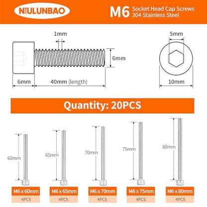 M6 x 60mm 65mm 70mm 75mm 80mm Hex Socket Head Cap Screws Bolts 304 Stainless Steel Metric Machine Allen Hex Drive, Fully Threaded, Assortment Kit 20PCS - size: M6 x 60/65/70/75/80mm (20PCS)