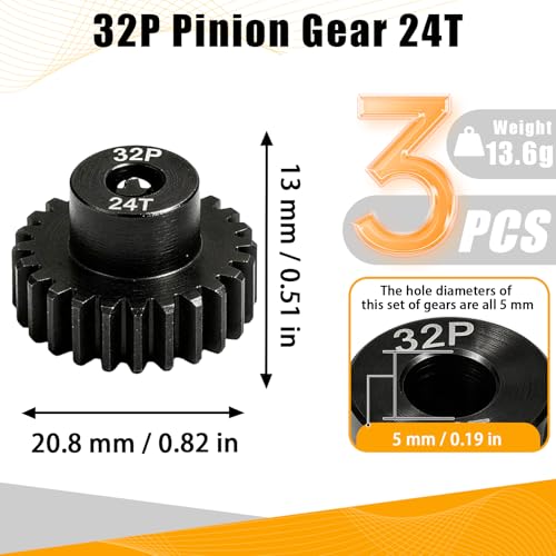 32P 24T RC Car Gear Set | 45# Steel Black Oxide | 5mm Bore +0.03mm | Precision Engineered Motor Pinion Gear Compatible with Traxxas/ARRMA/HPI/Kyosho (3-Pack with M4 Set Screws) - style: 3Pcs 24T